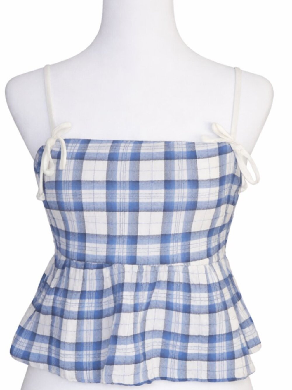 NWT Blue White Plaid Tie Strap Peplum Top XS Summer Picnic Coastal